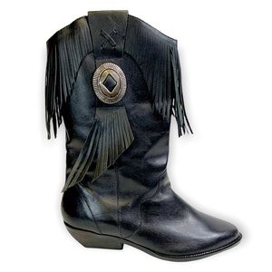 Leather Craft by Premiere Collection Black Fringe Silver Medallion Western Boots